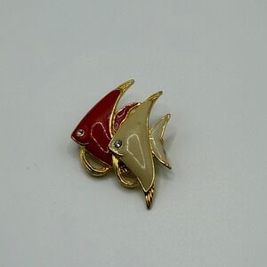 Vintage MJ Ent Red Cream Enamel Angelfish Brooch Gold Tone Rhinestone Eye Pin